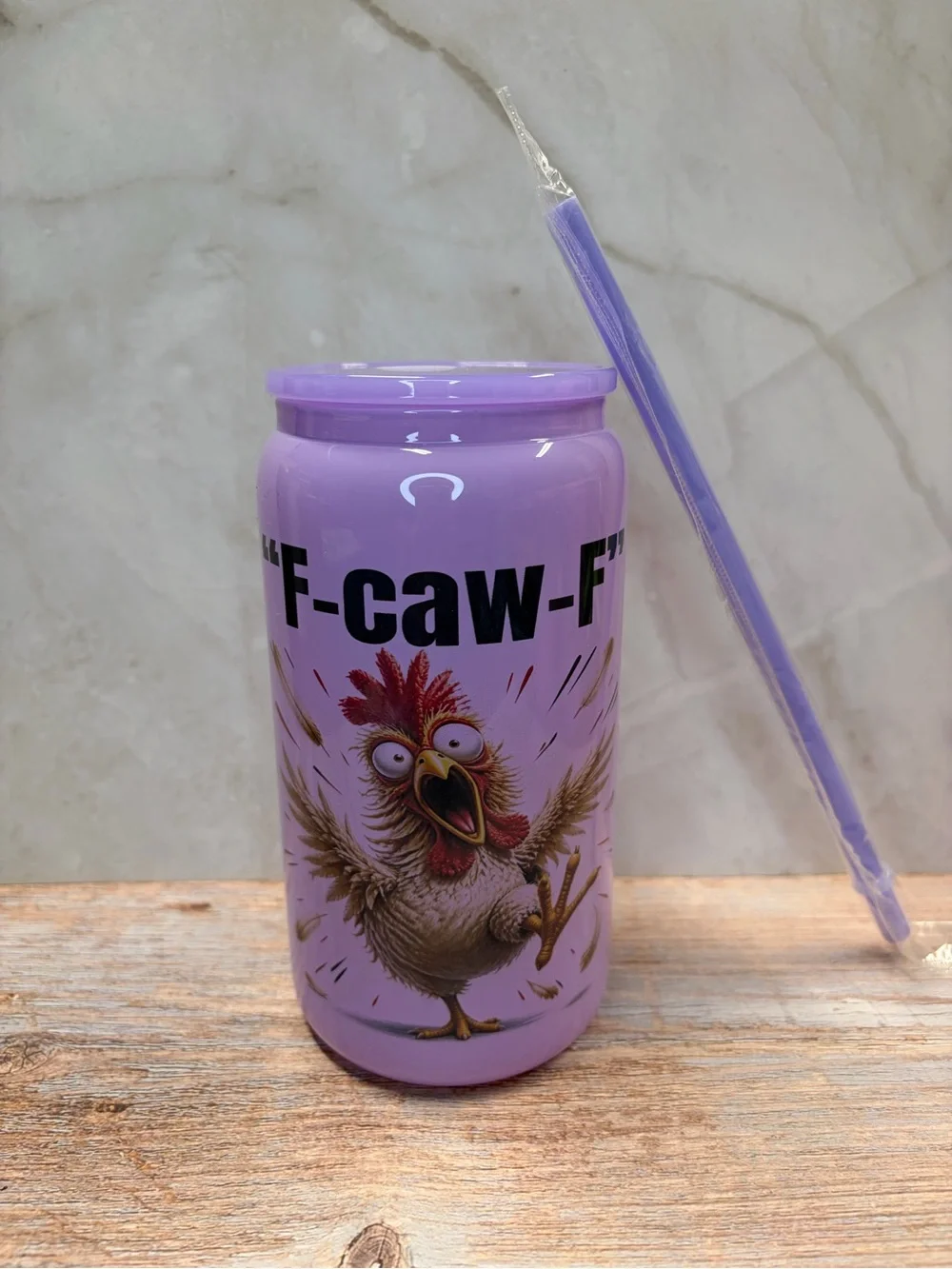 Purple 'F-caw-F' Bird-Themed Travel Cup with Straw